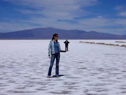 Robo and me, playing with optical illusions on the salt flats of Argentina